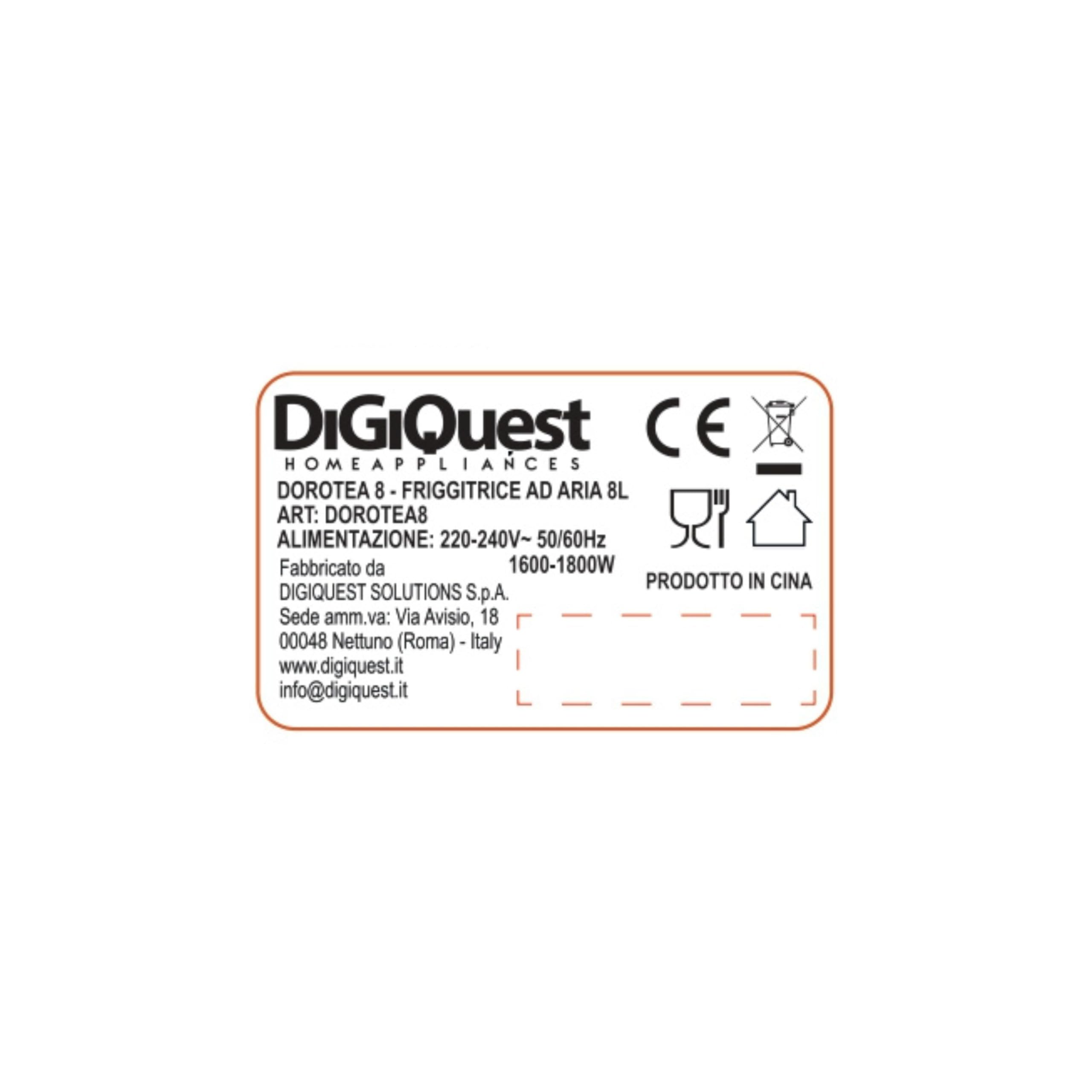 DIGIQUEST DOROTEA8 frytkownica powietrzna 8 l, 1600-1800 W, przezroczyste okienko, wyświetlacz dotykowy, 8 programów, kosz nieprzywierający, gotowanie powietrzem 360°, łatwe czyszczenie