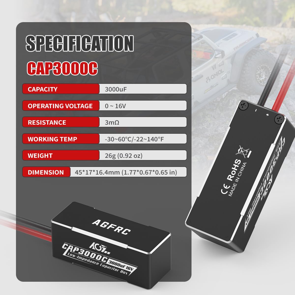 AGFRC 3000uF 16V Low Impedance RC Capacitor with CNC Aluminum Case for RC Car Truck Crawler (CAP3000C)