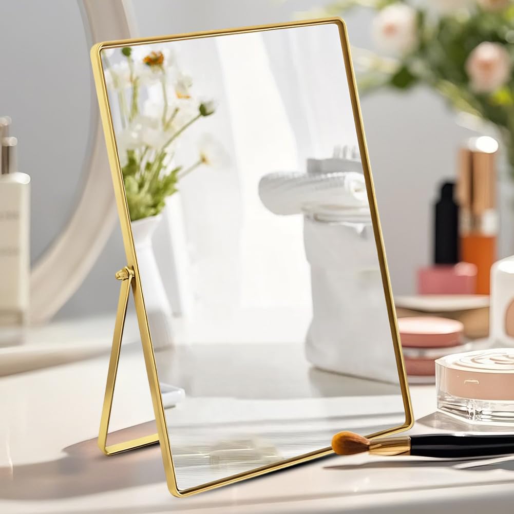 Makeup Mirror Rectangular Vanity Mirror Large Cosmetic Vanity Mirror Metal Frame with Stand Folding & Adjustable HD Definition Countertop Tabletop Mirrors for Vanity Dresser, Bathroom, Bedroom, Desk