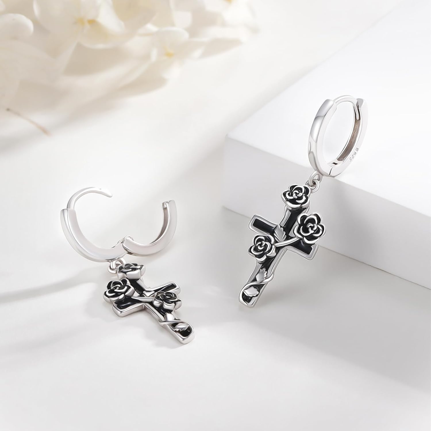 CUOKA Cross Earrings Sterling Silver Gothic Rose Flower Cross Dangle Earrings Jewelry Gifts for women - Image 3