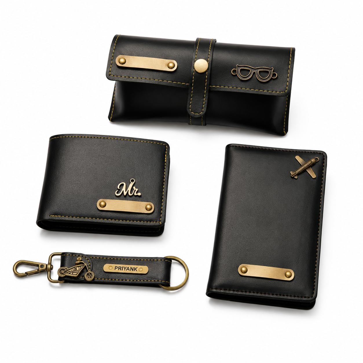 Personalised Gift for Men Custom Name Wallet Accessories Combo Set, 4 Pcs Wallet, Sunglass Cover, Passport Cover & Keychain, Birthday Anniversary Valentine Gift for Husband Boyfriend Father (Black)-image-36