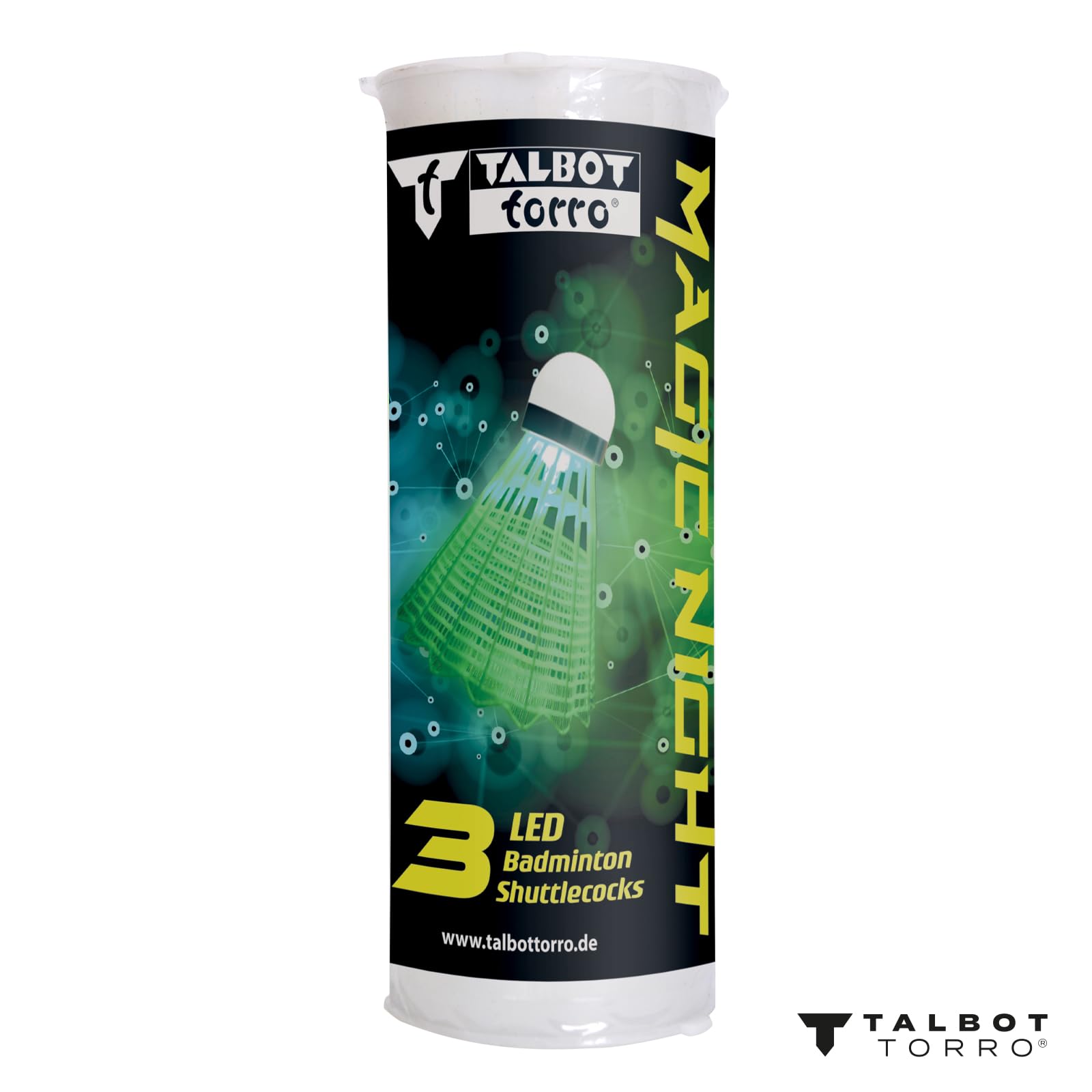 Talbot Torro Volantes de Bádminton Magic Night LED 3 Pelotas con Plumas de Plástico Brillan en la Oscuridad Interior y Exterior