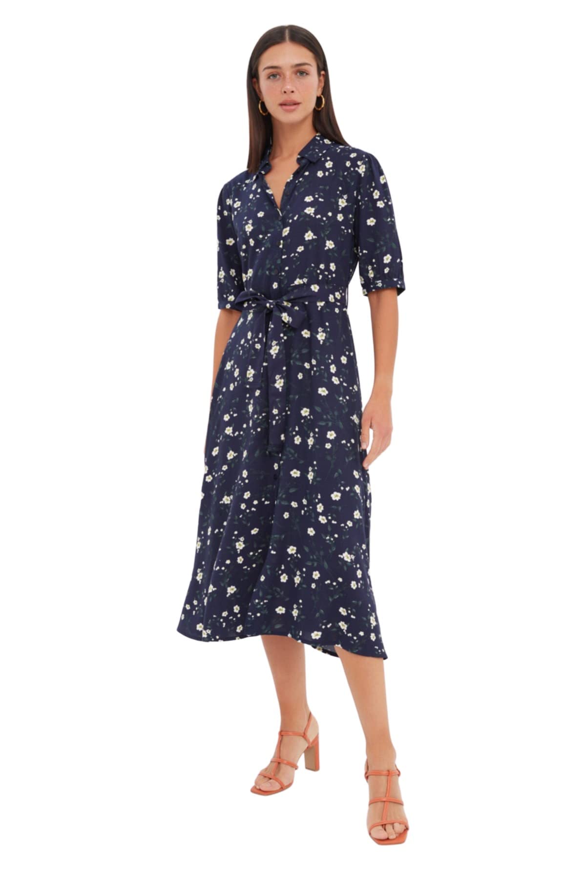 Trendyol FeMan Midi Shirt Dress Regular fit Woven Dress,Navy Blue,38