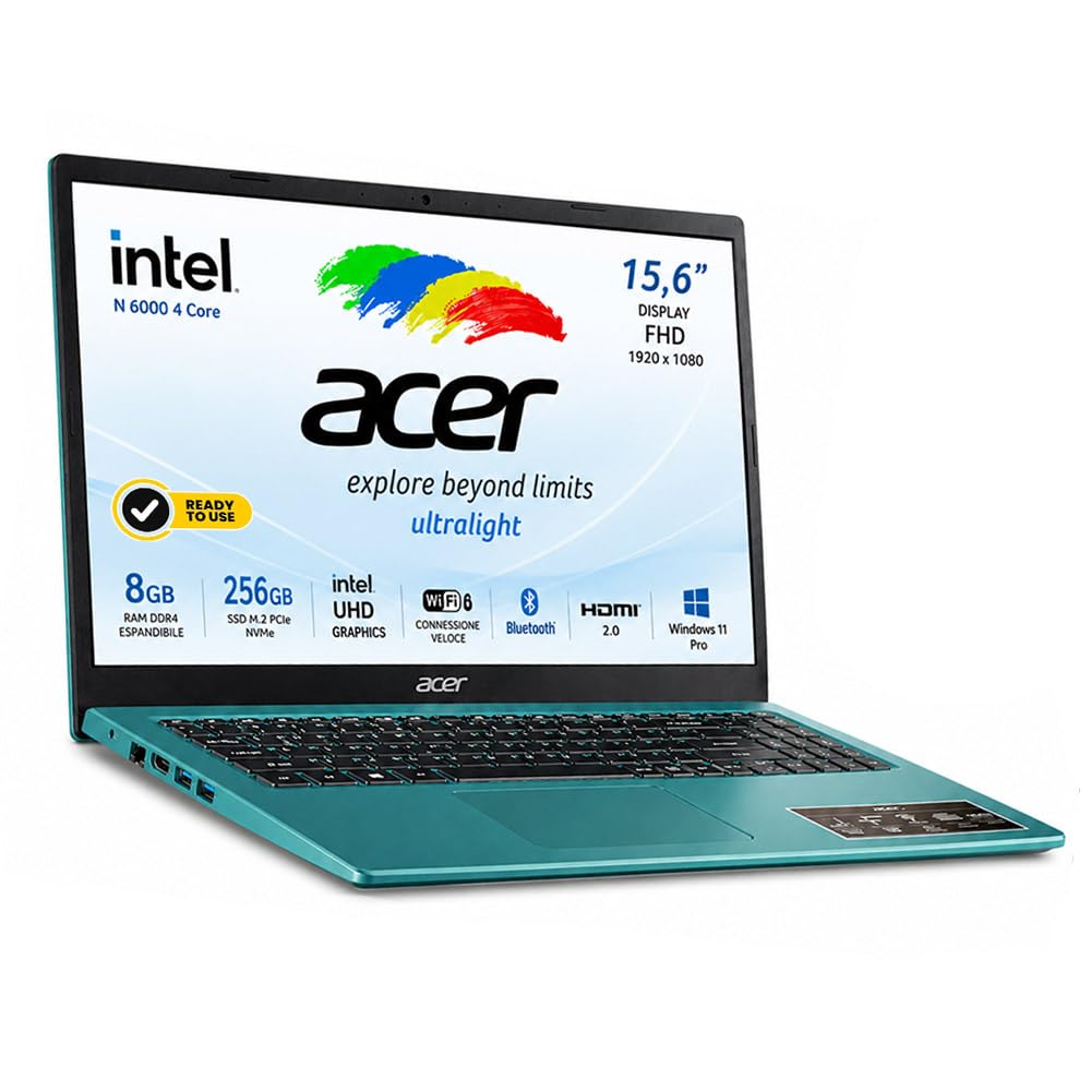 Acer Notebook Ultraleggero Intel N 6000 4 Core, Display FHD 15,6" | SSD M2 PCi 256GB, RAM 8GB DDR4, Pronto all'uso, Libre Office