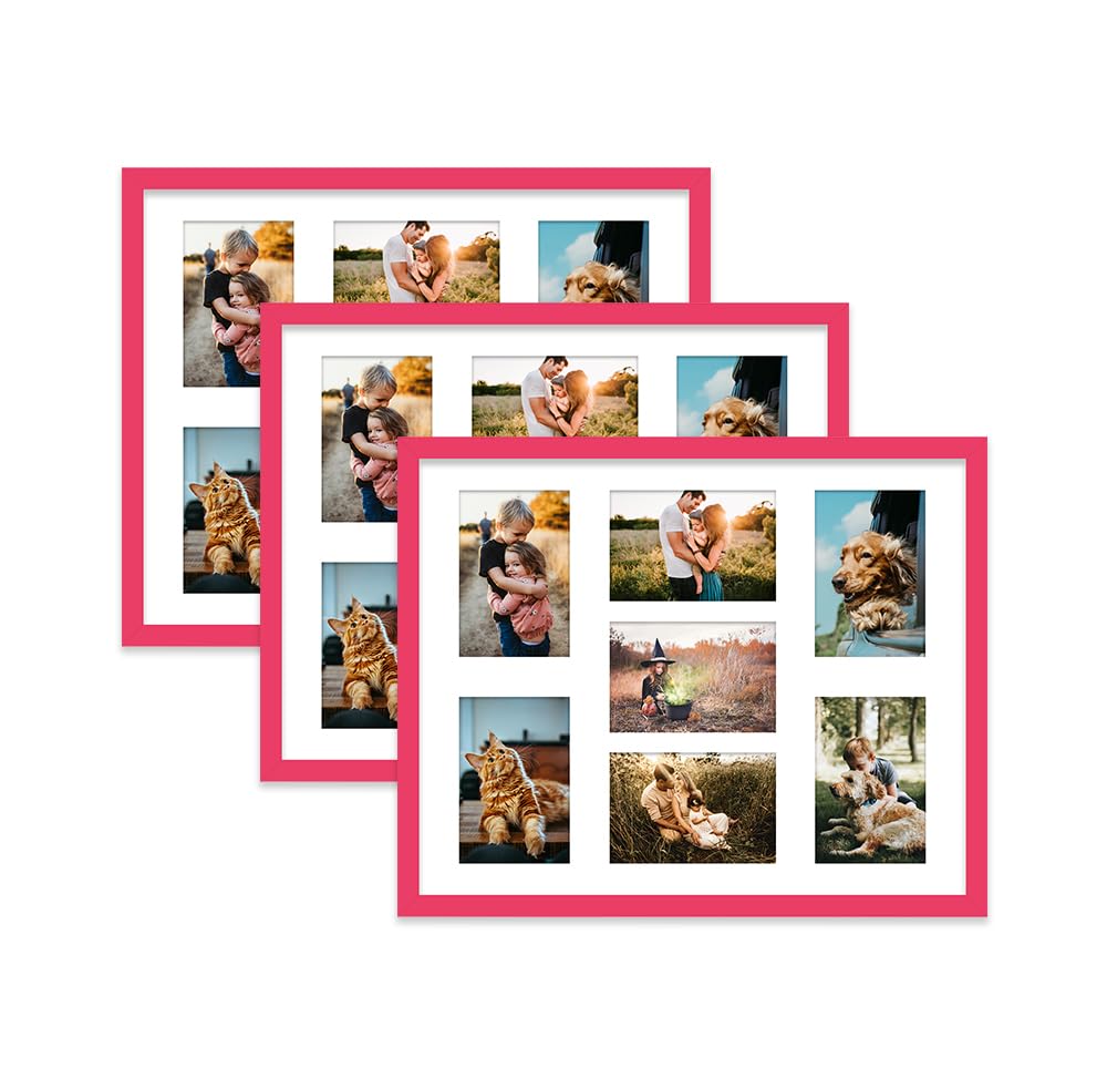 Bright Pink Multi Photo Frame - Holds 7 x 6x4 Pictures, Family Collage Picture Frame for Wall Display, 20x16 Frame size, Set of 3