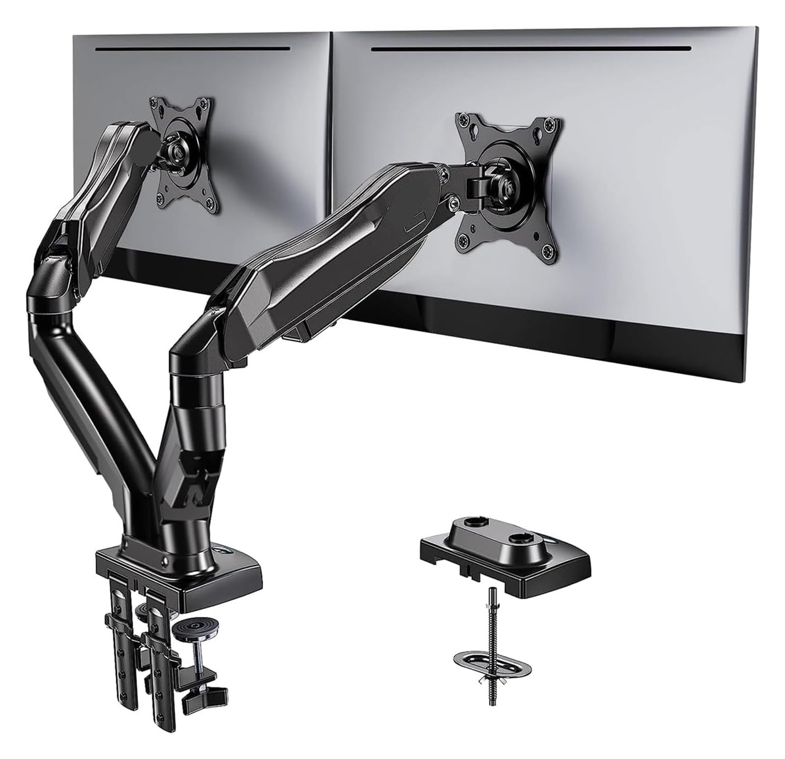 Soporte doble monitor de 13 a 32 pulgadas brazo articulado VESA con pinza de escritorio y base pasacables 4