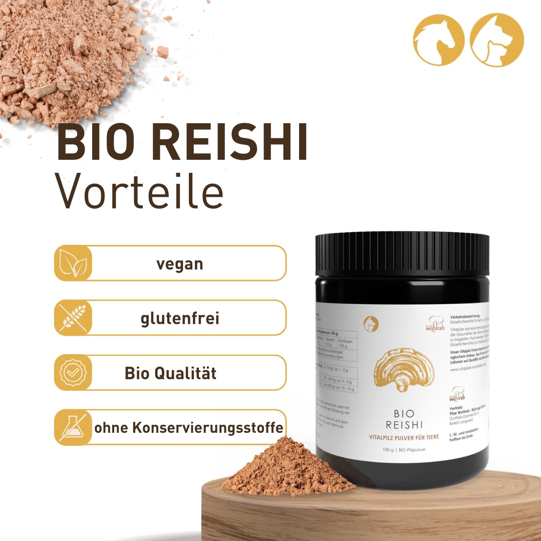 Pilze Wohlrab | Reishi Pulver Bio für Tiere | 100 g Dose mikrofein zermahlener Reishi Pilz | Vitalpilze Pulver | Dosierung für Tiere | 1 Dose | höchste Bio-Qualität