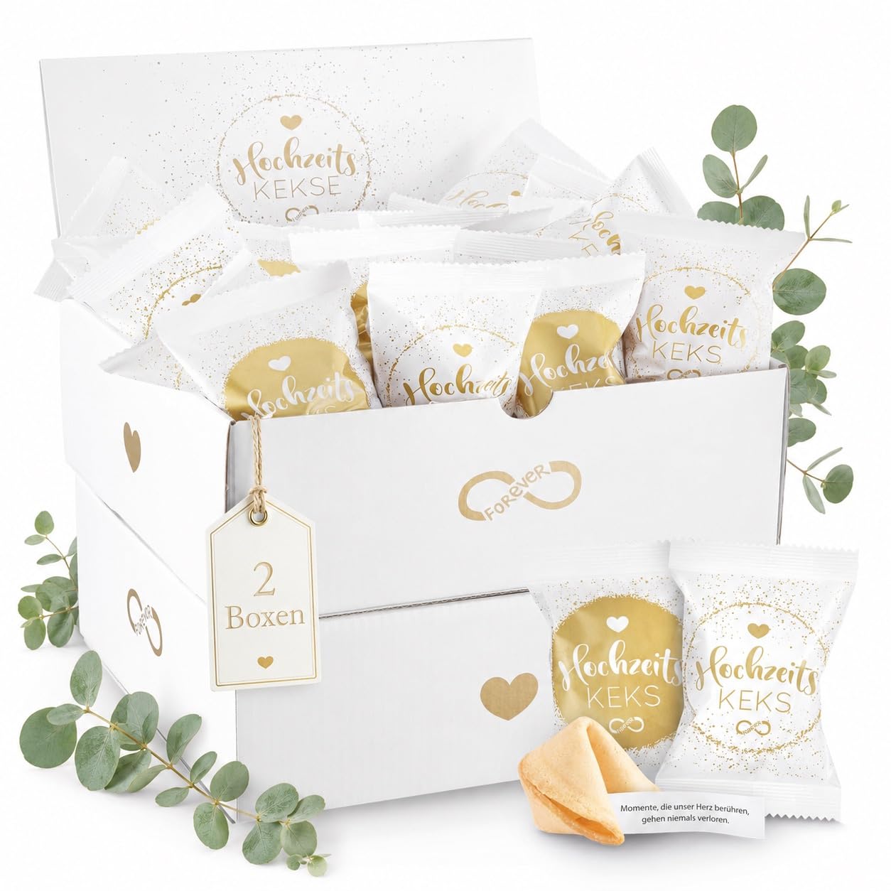 50er Box Hochzeits-Kekse (2 x hübsche 25er Aufsteller) | Glückskeks Hochzeiten als Hochzeitsdeko oder für die Candybar| frisch gebackene und vegane Idee & made in Germany