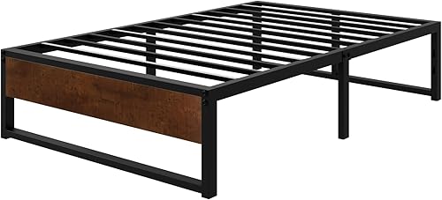 Miniatura 7 de SHA CERLIN Marco de cama de plataforma de metal de tamaño individual de 14 pulgadas con madera rústica y agujeros inversos/amplio espacio de
