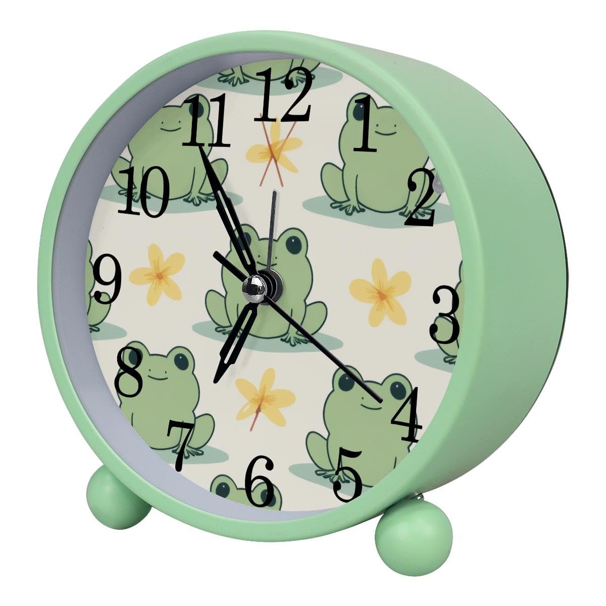 Luoweisi Alarm Clock Green Frog, Silent Non-Ticking with Night Light, Round Metal Alarm Clock for Office, Battery Operated, Bedroom, Elderly, Adults, Children, Student Gifts