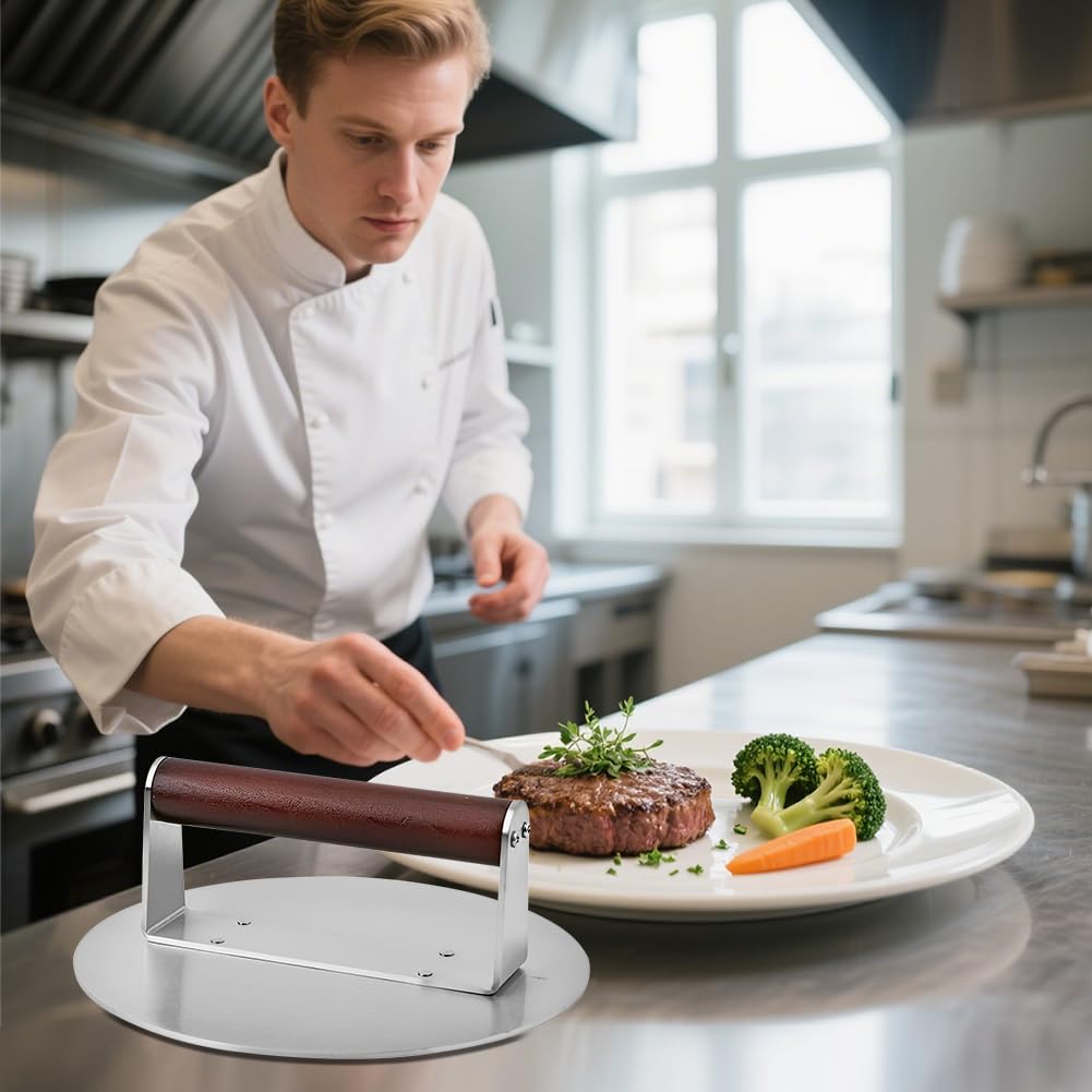 Pressa per hamburger, in acciaio inox con manico in legno, per hamburger, facile da pulire, per griglia piatta, carne, patty, bistecca, bacon, salsiccia, accessori professionali per barbecue (grande)