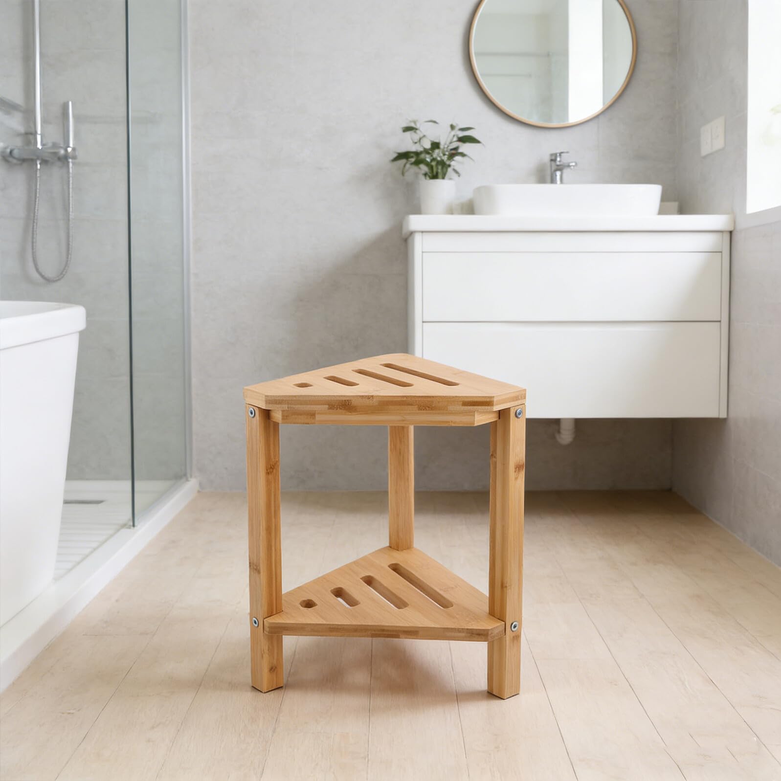 Bamboo Corner Shower Bench Footrest with Storage Shelf for Shaving Legs And Bath Use