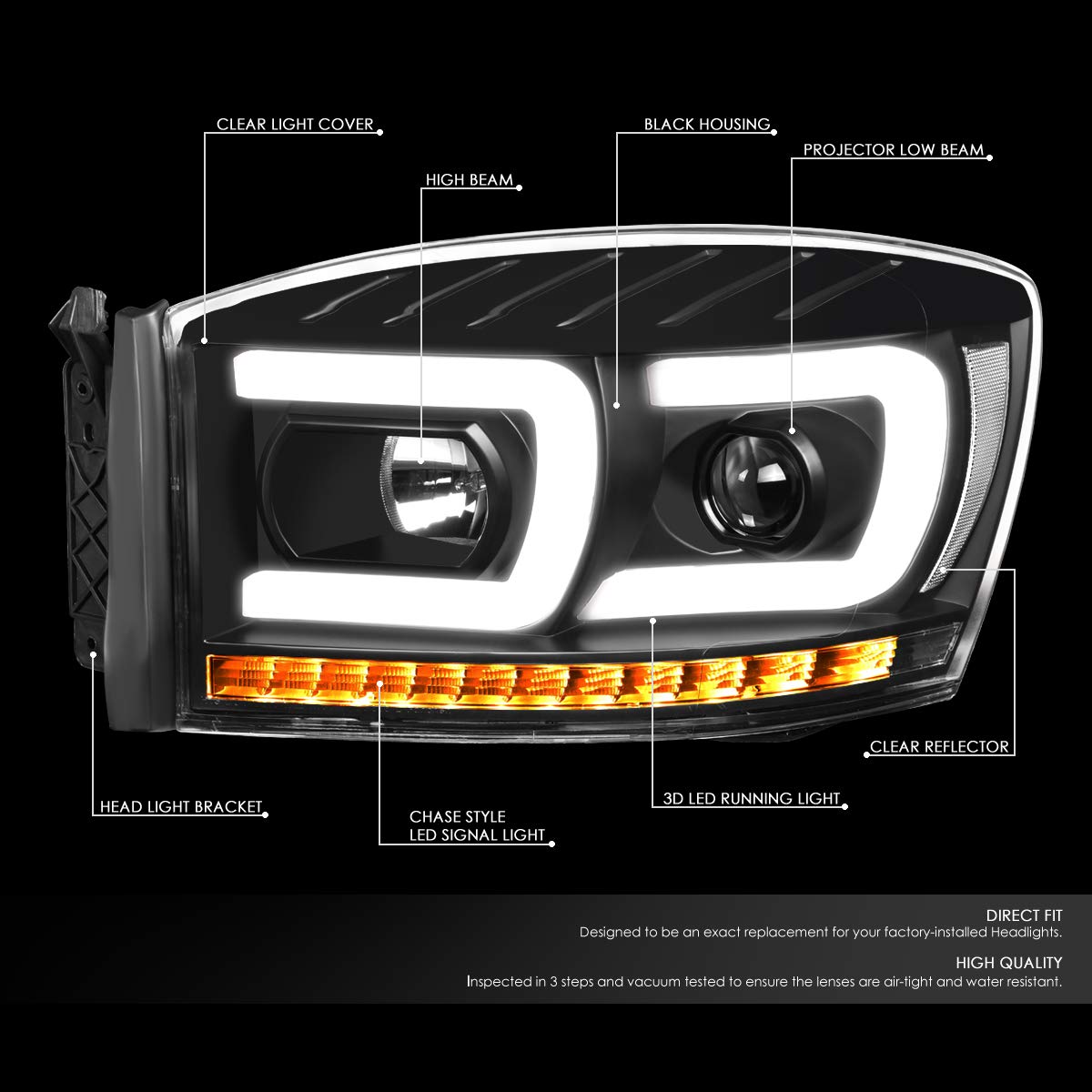 DNA MOTORING HL-HPL-RM06-G2-BK-CL1 Dual 3D LED DRL Sequential Signal Projector Headlights Compatible with 06-08 Dodge Ram 1500/06-09 Dodge Ram 2500 3500,Black/Clear