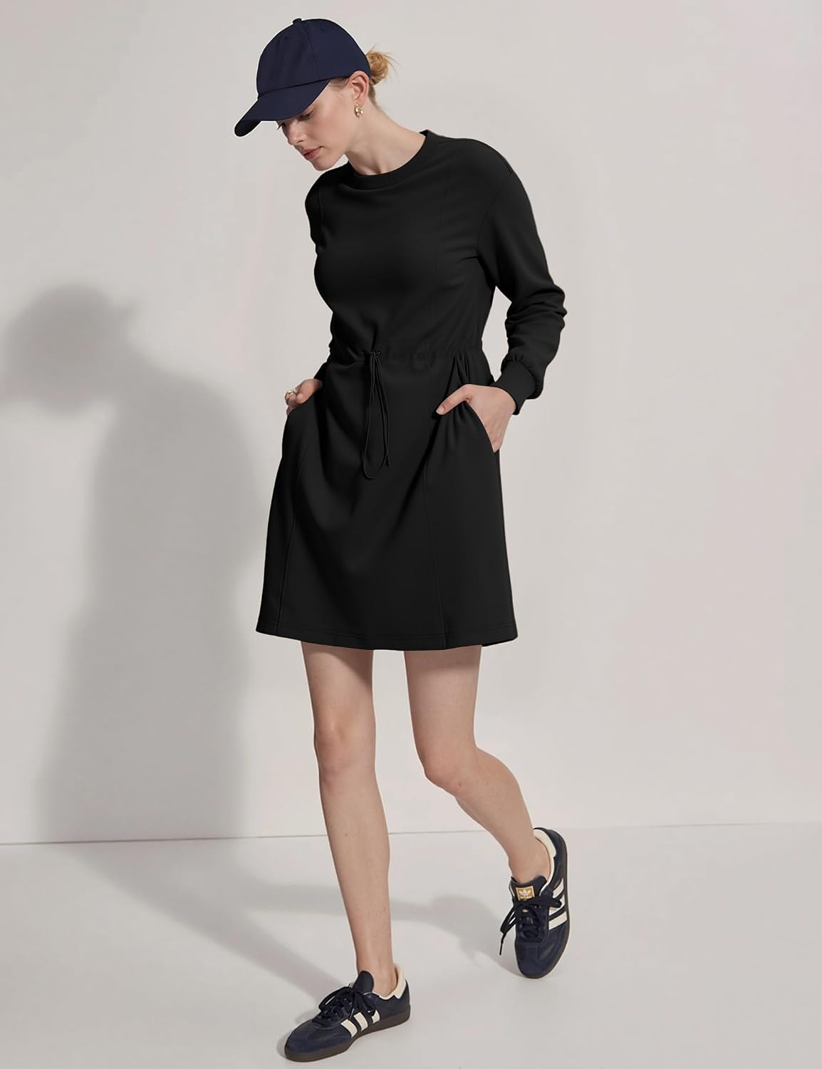 Amoretu Women's Casual Sweatshirt Dress – Long Sleeve Crew Neck Mini Athletic Dress with Drawstring Waist and Pockets