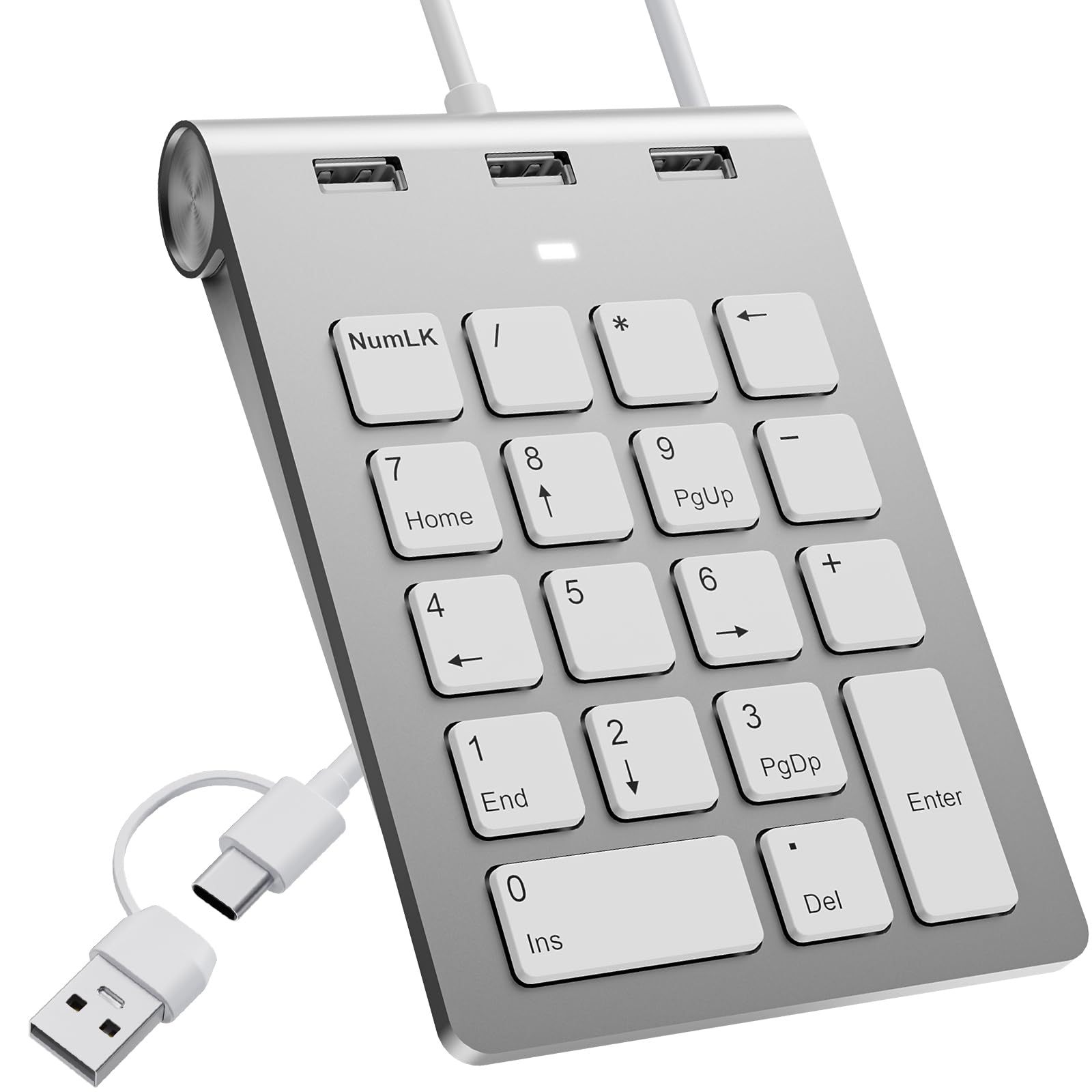 Pavé numérique filaire USB C/USB A, mini pavé numérique ergonomique avec 3 ports USB 2.0, pavé numérique 18 touches, pavé numérique de calcul de bureau pour ordinateur portable, ordinateur de bureau,