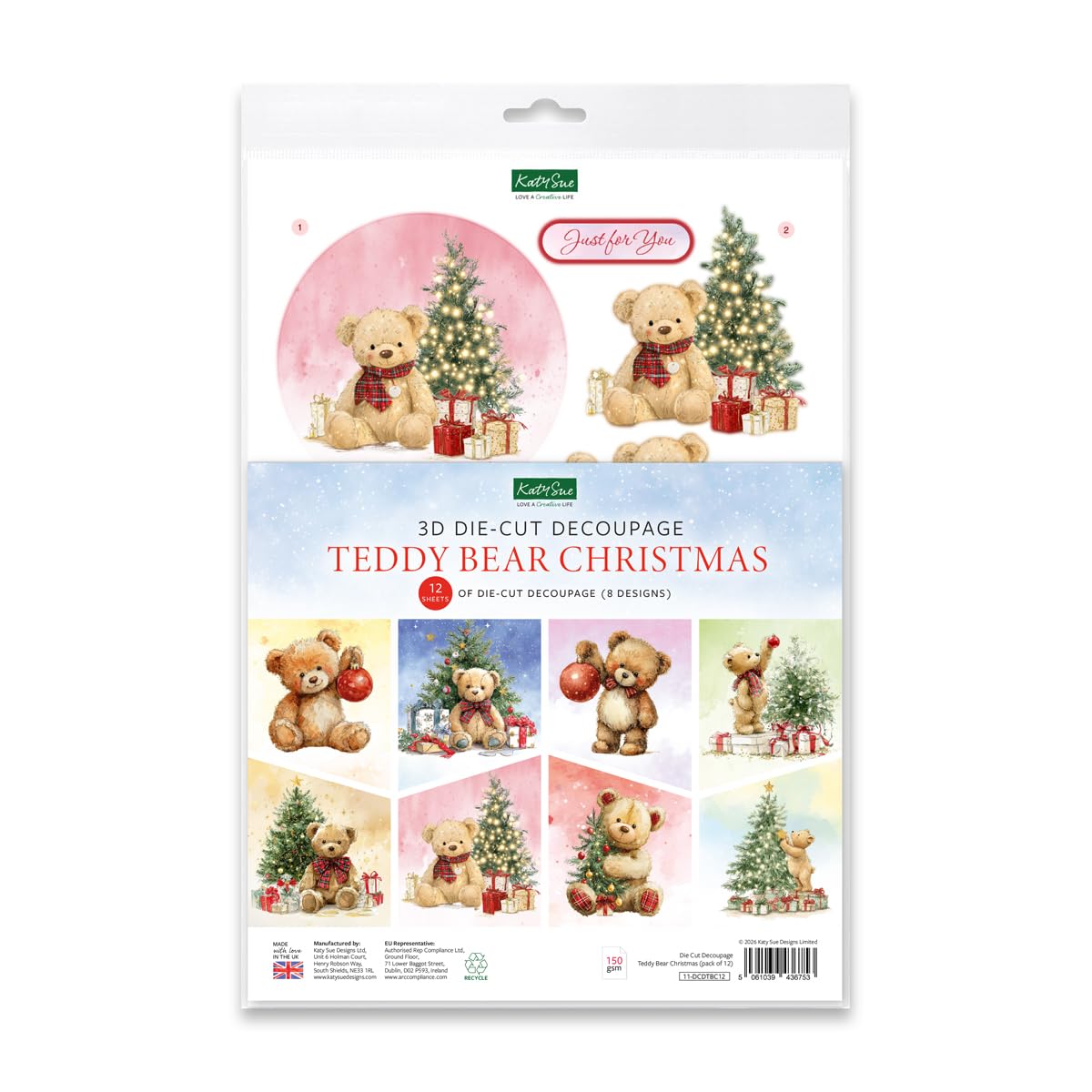 Katy Sue Designs Teddy Bear Christmas Die Cut Decoupage, 12 Sheets, Creates 24 Layered 3D Christmas Toppers for Card Making & Paper Crafts, Made in UK