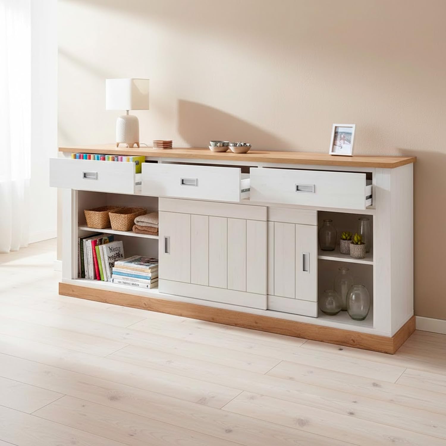 Arreditaly Credenza Soggiorno 3 Cassetti 2 Ante Scorrevoli 4 Ripiani Interni Mobile Buffet Madia Dispensa Cucina Zona Living Design Classico Moderno 220 x 50 x 95 Cm (Bianco e Rovere)