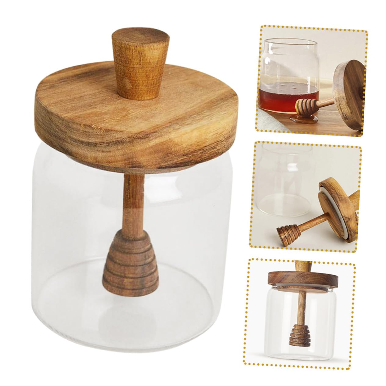 Hohopeti Honigglas mit Holz Dipper Transparenter Honigbehälter Luftdicht Aufbewahrung von Sirup für Küche und Tisch