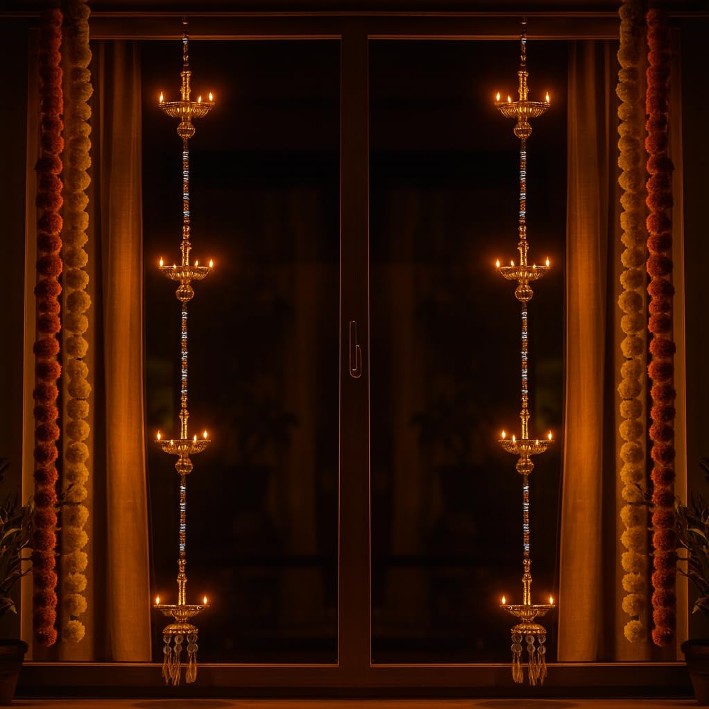Zerya Hanging 5 Deep Multi Layer Electric Diya Deepak Light Pooja Diya Rice LED Light for Door Entrance, Mandir Diya for Home Temple Decor Electric Diya (4 Step Hanging, Pack of 2)-image-48