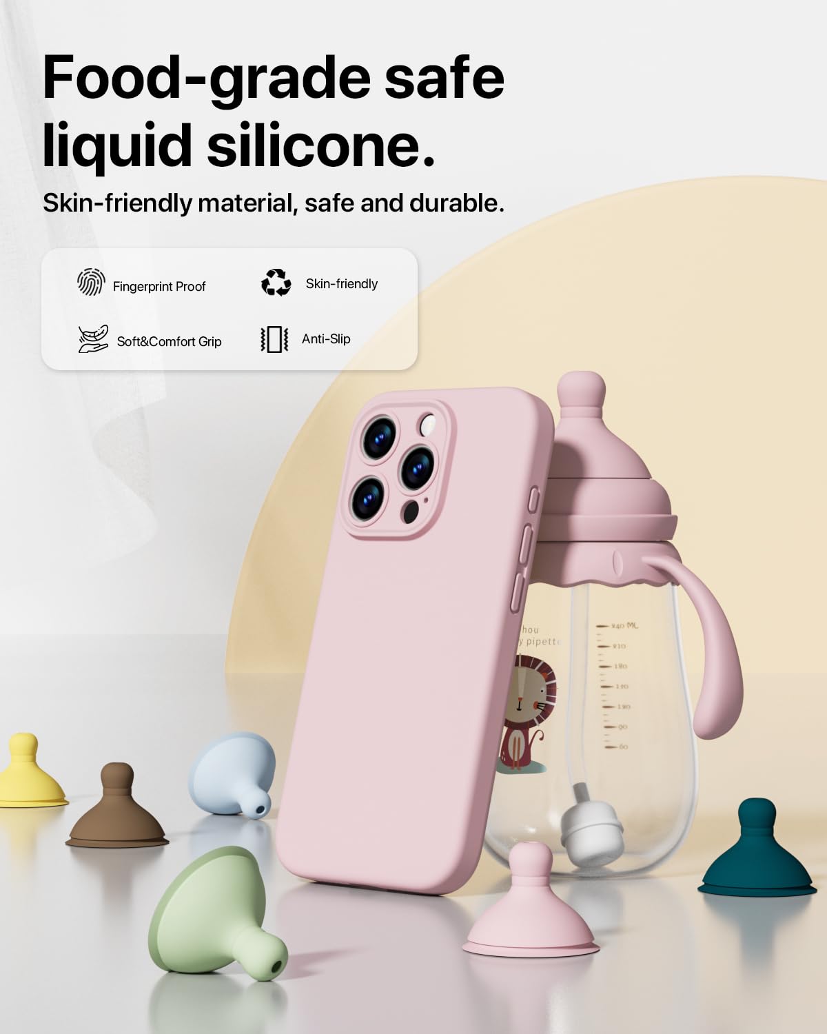 GOODVISH 3 in 1 Silicone Cover per iPhone 15 Pro 6.1" (2023), Custodia con 2 Pellicola Protettiva, Case per Cellulare Ultra Sottile Antiurto Resistente [Protezione Fotocamera], Rosa Sabbia