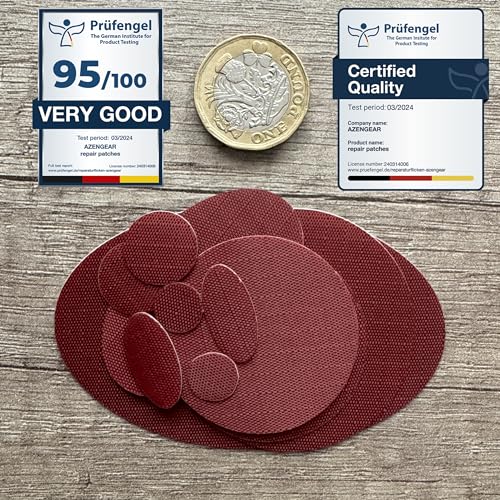 aZengear Down Jacket Repair Patches | Pre-Cut, Self-Adhesive, Soft, Waterproof, Tear-Resistant Rip-Stop Nylon Fabric to Fix Holes in Clothing, Sleeping Bags, Ski Pants (11 Pcs, Burgundy)