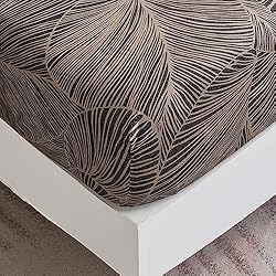 Sábana Bajera Ajustable para Cama 150 - Sabana Microfibra Suave Patrón de Hojas Tropicales 150x200 cm para Colchón de 30cm de Altura - Marrón