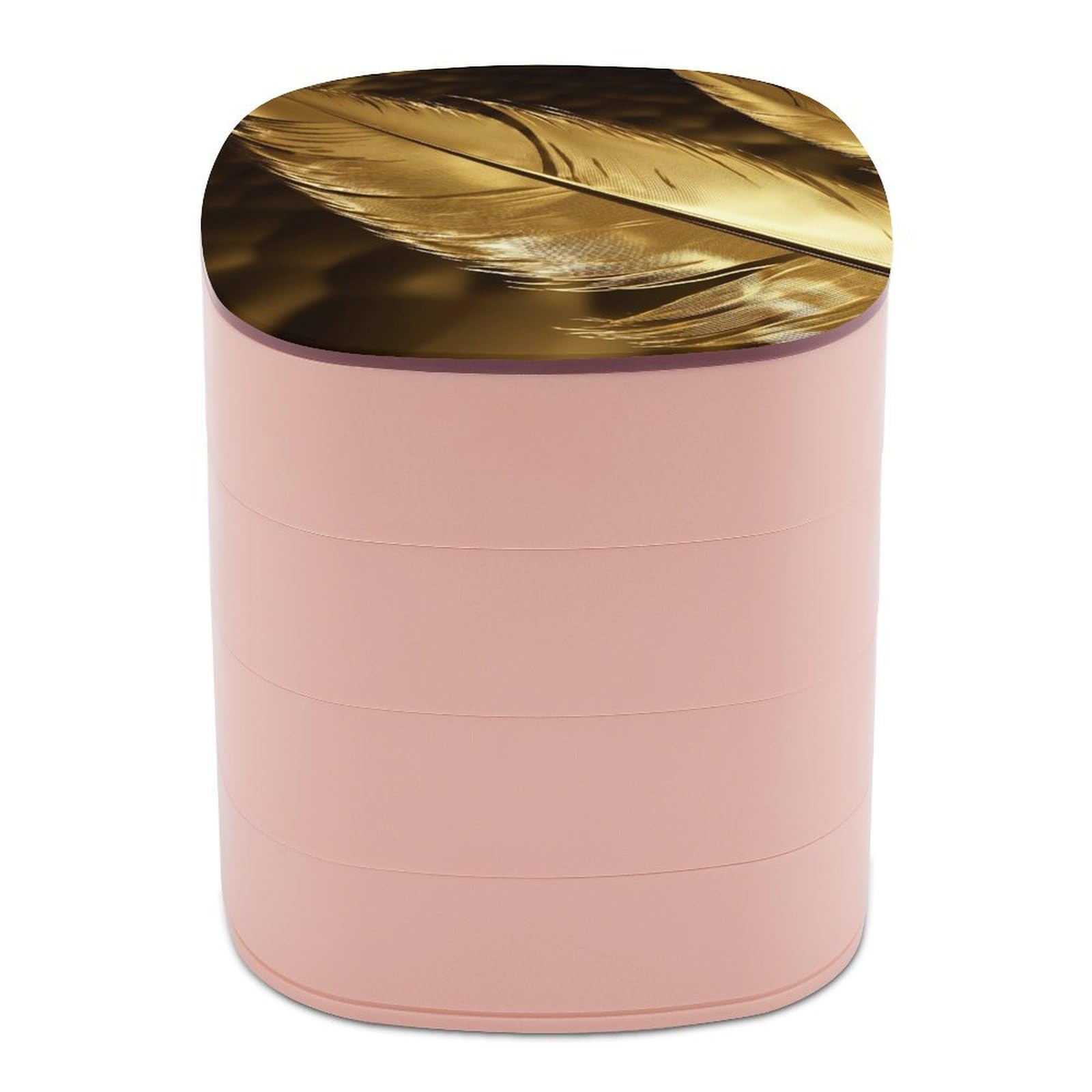 JTREHY 4-layer 360-degree Rotating Jewelry Storage Box,Golden Feathers Printed Portable Travel Jewelry Storage Box Stackable Jewelry Trays for Earrings Necklaces Bracelets