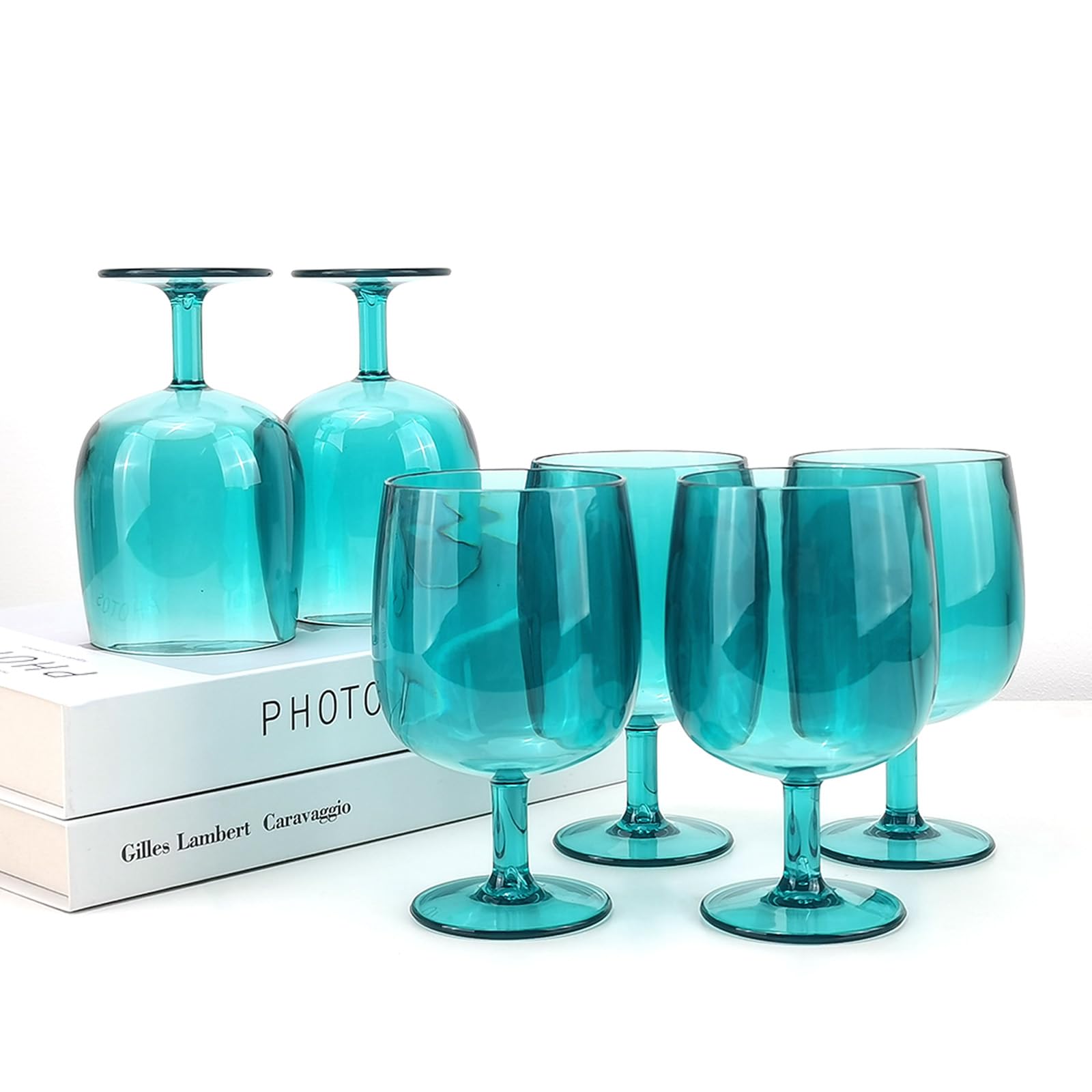 Lot de 6 verres à vin en plastique incassable de 355 ml en acrylique coloré, empilables, passent au lave-vaisselle, sans BPA, parfaits pour les fêtes (cyan, 355 ml)