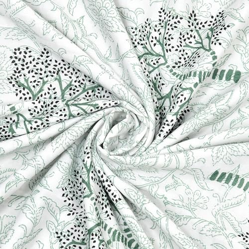 Image of BLOCKS OF INDIA Hand Block Printed Cotton Single Size Reversible Malmal Dohar for Summer (Green Yellow Tree)