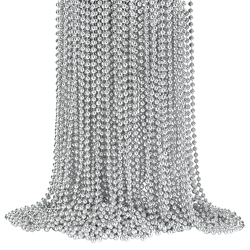72 PCS Silver Bead Necklaces Silver Mardi Gras Christmas Beads Necklaces Patriotic Necklaces 33 Inch Beaded Necklaces for Mardi Gras Christmas Party 4th of July and New Year Eve Festive Events