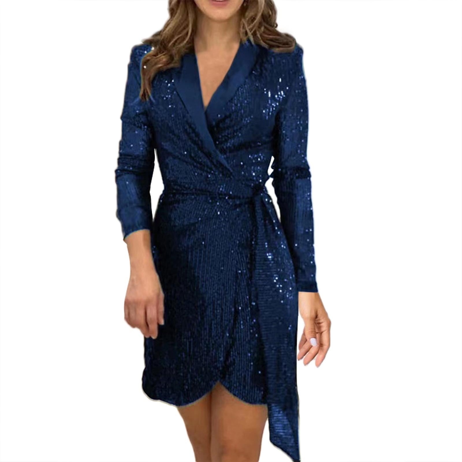 Generic Vestido Boda Mujer Invitada Mujer, Manga Larga, Cuello Redondo, Mini Vestido, Elegante Vestido de Fiesta de cóctel de Boda Vestido Noche Raso