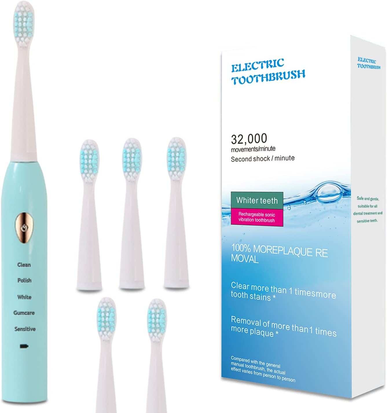 Electric Toothbrush 5 Brush Heads Adults and Kids, Rechargeable Sonic Toothbrush, 5 Modes Optional, USB Fast Charge Powered Toothbrush Last 30 Day,2 Minute Smart Timing Reminder (Bule)