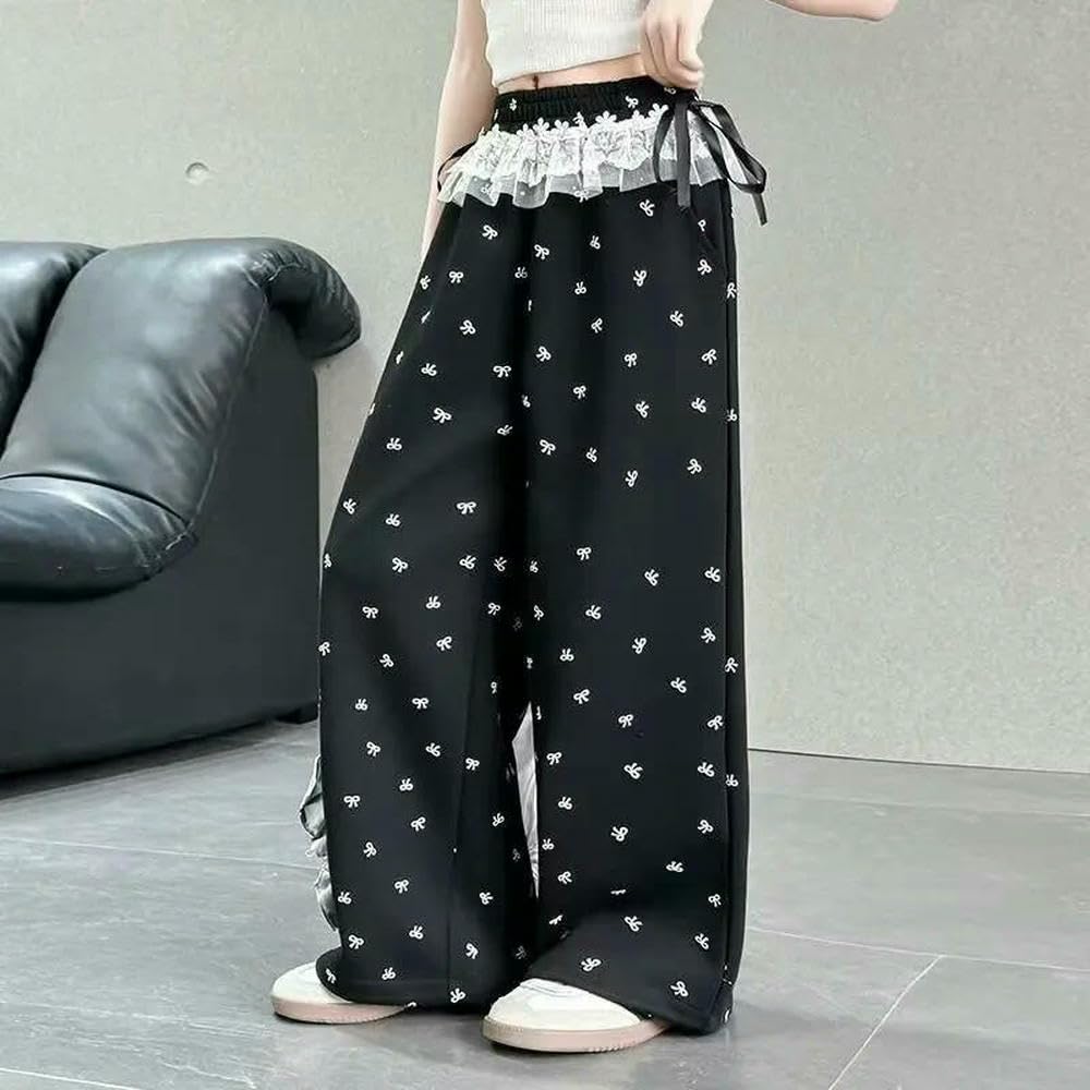 GLDFW Pantaloni estivi da ragazza a gamba larga sottili con nodo casual vestibilità ampia abbigliamento per bambini in fibra di poliestere elastico in vita pantaloni lunghi