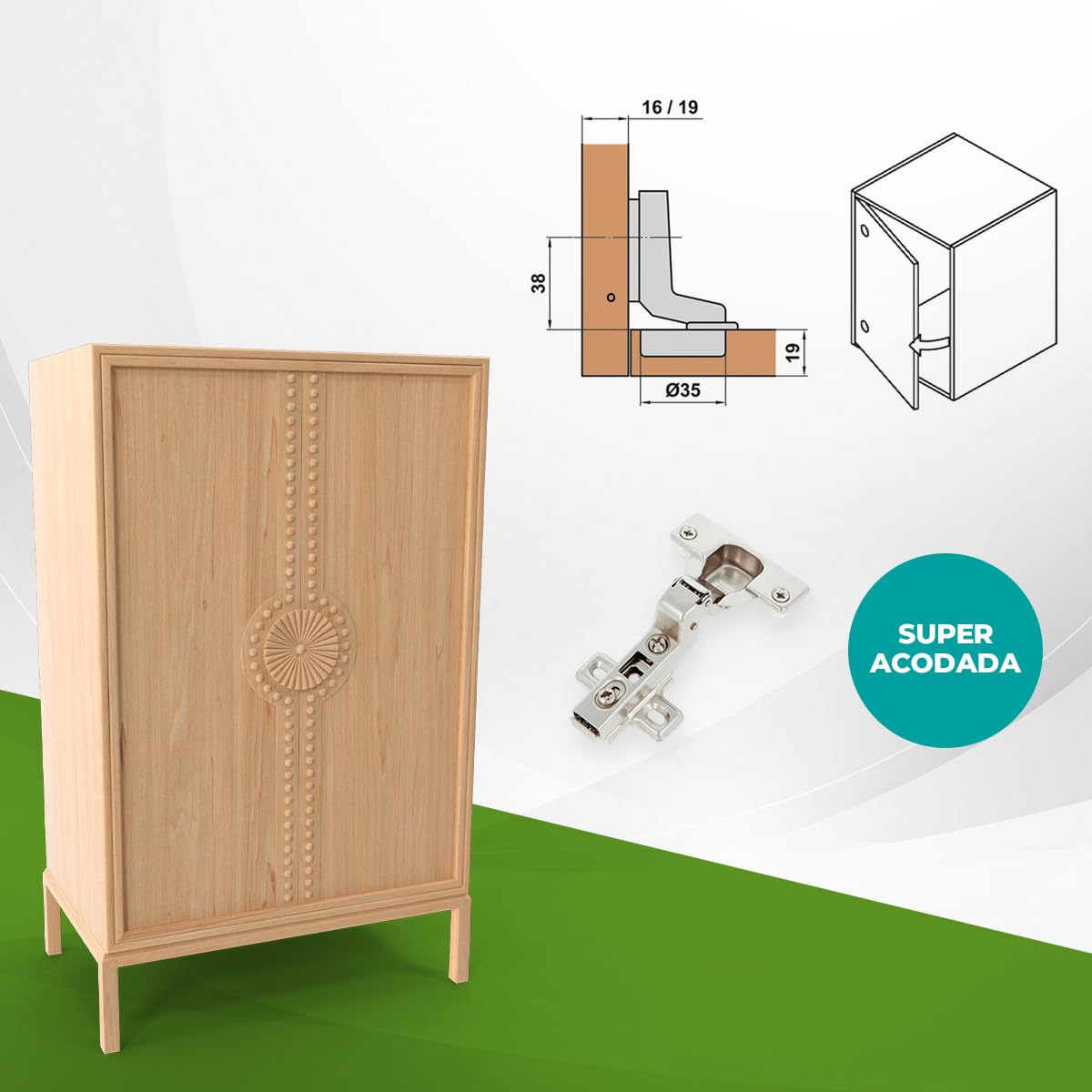 Amig - Pack de 20 Bisagras de Cazoleta Superacodada - Ø35 mm - Acero Niquelado - Pestillo de Apertura Rápida - Instalación Oculta para Muebles - Tacos y Tirafondos Premontados