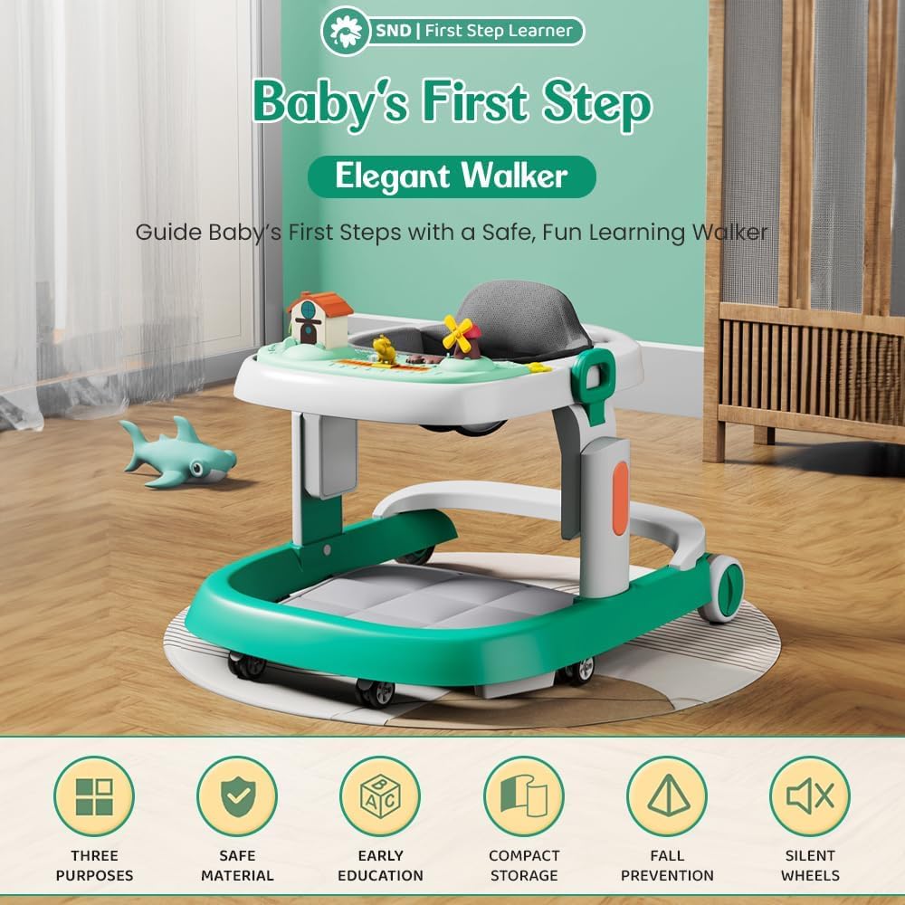 StarAndDaisy Elegant Baby Walker 6-18 Months/Walker for Kids Girl and Boy with Anti Fall Brake Pads, 3 Speed Height Adjustment, Multi-Level Seat Adjustment, Recreational Music Toy Bar (Green) 1