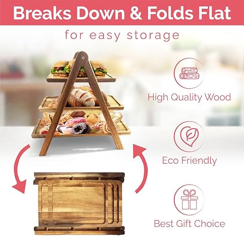 Miniatura 8 de Bandeja de madera de acacia duradera con paño para una fácil limpieza, bandeja de servir de 3 niveles, tablas de embutidos, tabla de carne y queso