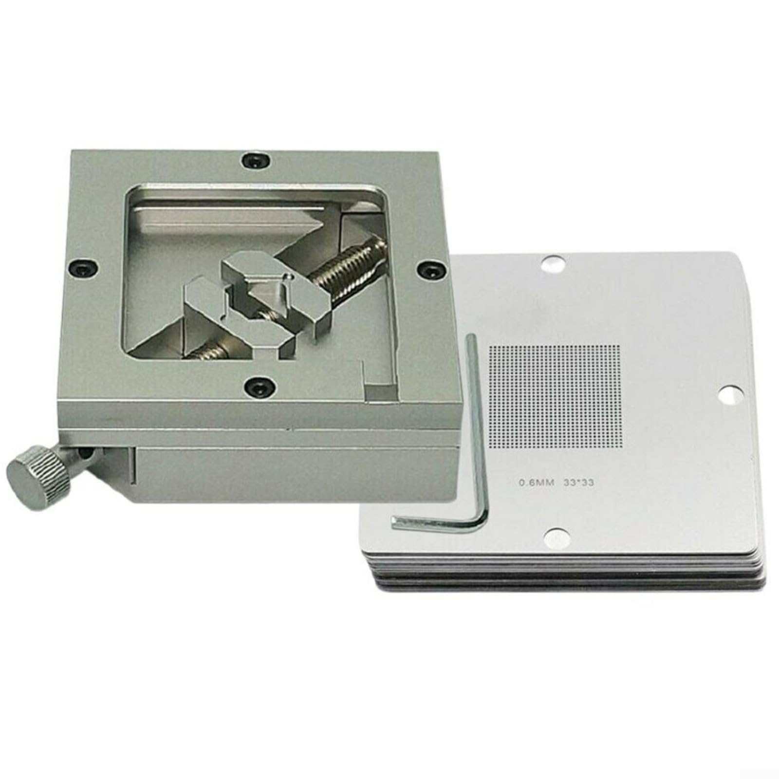 90 mm per bga Reballing Station Set con 10 stencil 0,3 mm-0,76 mm supporto in metallo per PCB saldatura, dissaldante, strumento di riparazione argento (BGA jig + 10 stencil)