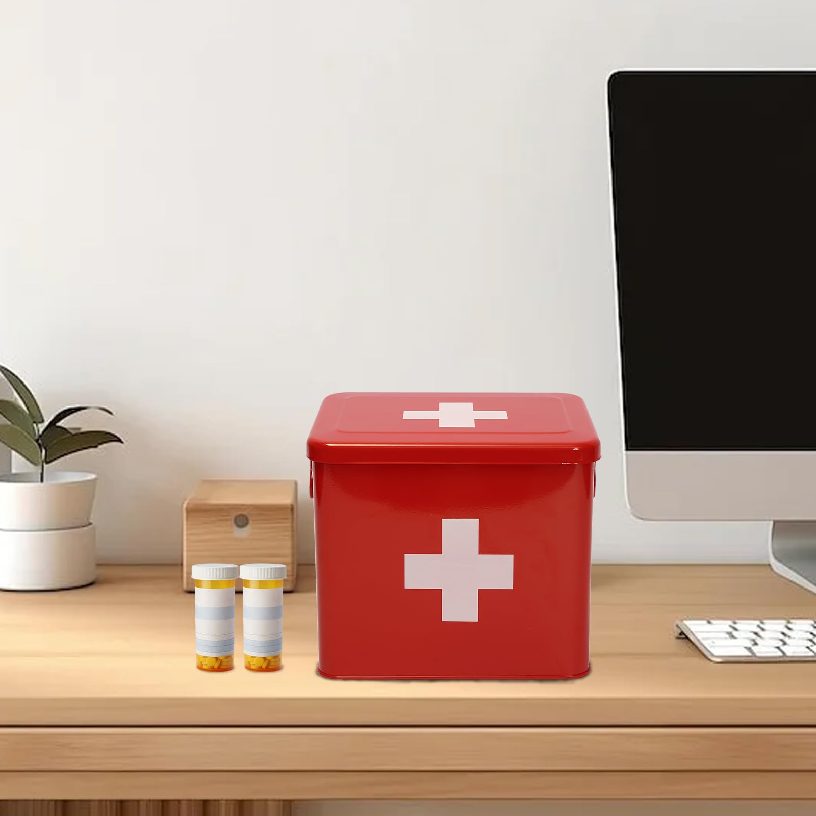 Porta Medicine,Contenitore Per Medicine Domestiche,Organizer Medicinali 2 Strati In Metallo,Scatole Medicine Con Maniglia,Adatto Allo Stoccaggio Di Prodotti Farmaceutici Pronto Soccorso Rosso