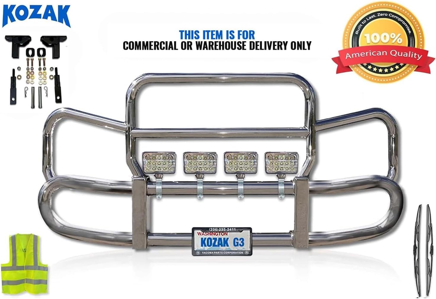 Kozak Herd 300 Grille Deer Moose Brush Guard Compatible with Kenworth T680 Next Gen 2022+ Plus Mounting Brackets, 4x 6" LED lights, Logo, 2x 22" Windshield Wipers, License Plate Holder & Frame, Vest