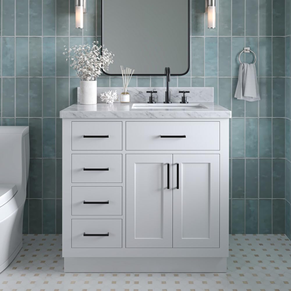 ARIEL Bathroom Vanity 37" White, 1.5" Edge Italian Carrara Marble Countertop & Splash, Rectangular Sink, 2 Soft Closing Doors, 5 Full Extension Dovetail Drawers, Toe Kick, Matte Black