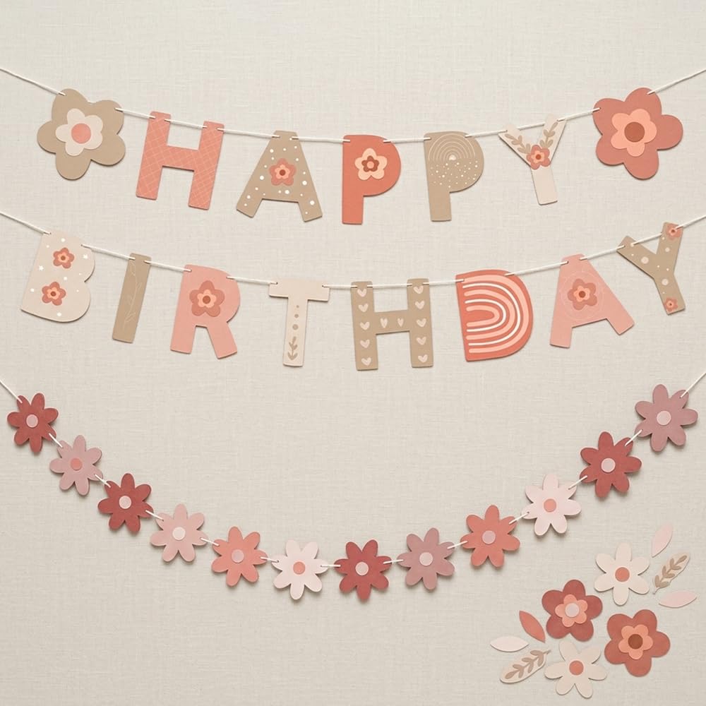 Daisy Birthday Banner Set - Floral Party Decor with Letter Banner and Garland for Adult Celebrations, Pink and Beige Theme