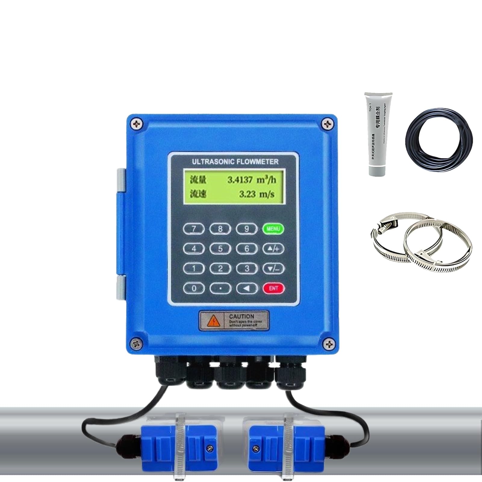 Medidor de flujo ultrasónico para una medición precisa del flujo de agua, pantalla digital con sensor de abrazadera para varios tamaños de tubería, ideal para aplicaciones de monitoreo industrial y