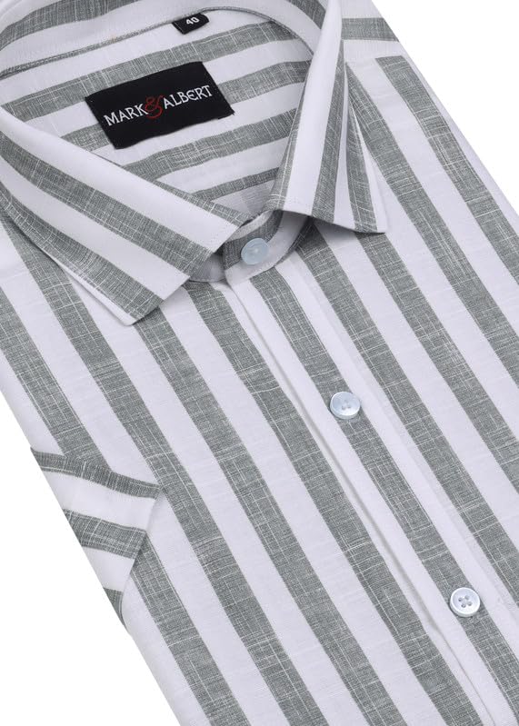 Image of MARK & ALBERT Men's Half Sleeve Cotton Linen Striped Shirt