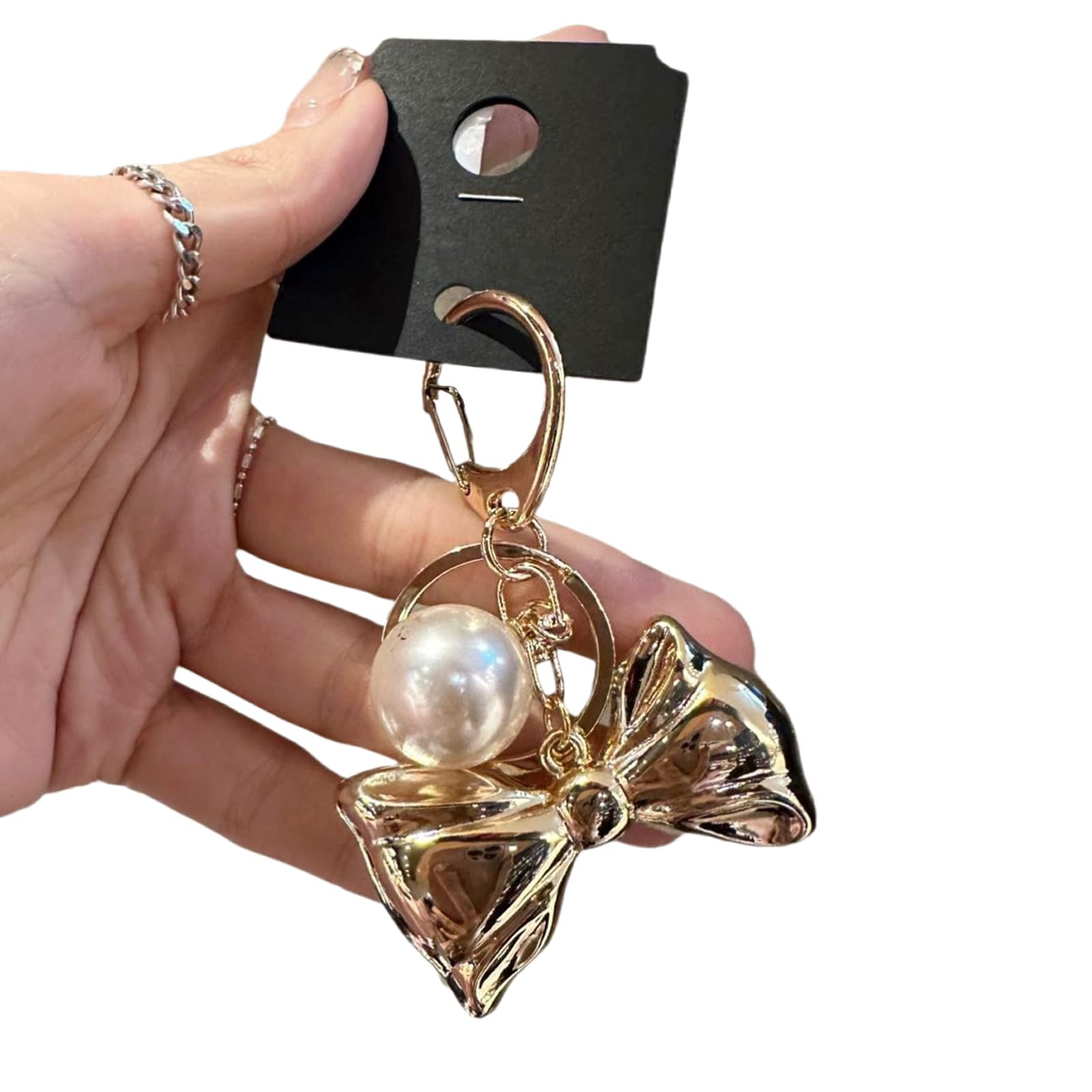 Yjcnelcr Keyrings Key Chains for Ladies Unqiue Large Love Heart Keyring with Gray Pearls Versatile Bowknot Key Accessory Keychain Gifts for Women Girls