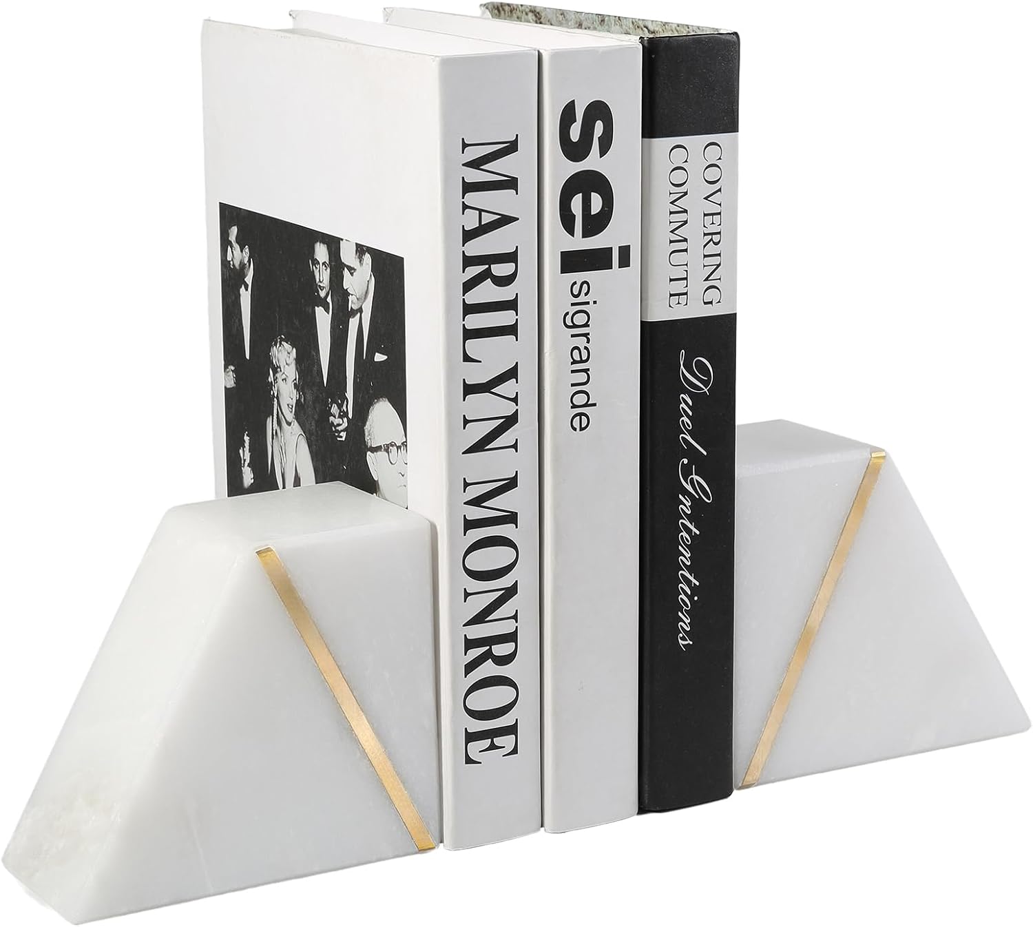 Sujetalibros de mármol natural para estantes, extremos decorativos para libros pesados, soportes de libros de piedra blanca y dorada modernos de