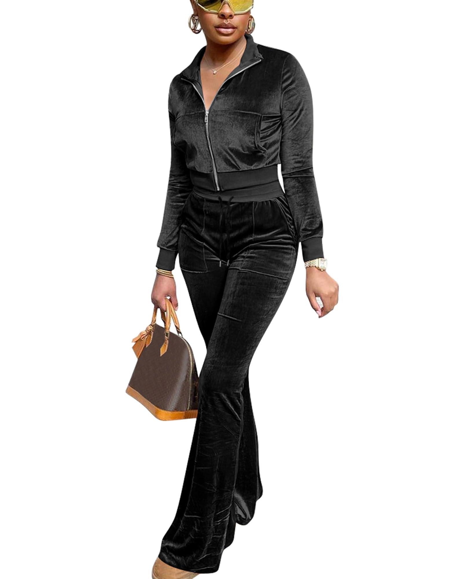 FIVCAT Women Velour Sweat Suits 2 Piece Outfits Tracksuits Long Sleeve Zip Up Jacket Flare Pants Cute Casual Matching Suit