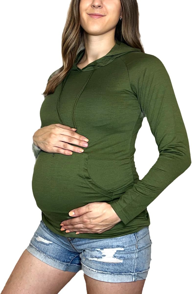 MISS POPULAR Womens Maternity Hoodie Ruched Side Long Sleeve Front Pocket Cozy Pregnancy Layering Sweatshirt
