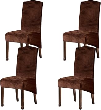 Velvet Plush XL Dining Chair Covers, Stretch Chaircover, Spandex High Chairs Protector Covers Seat Slipcover with Elastic Band for Dining Room,Wedding, Ceremony, Banquet Coffee, Set of 4