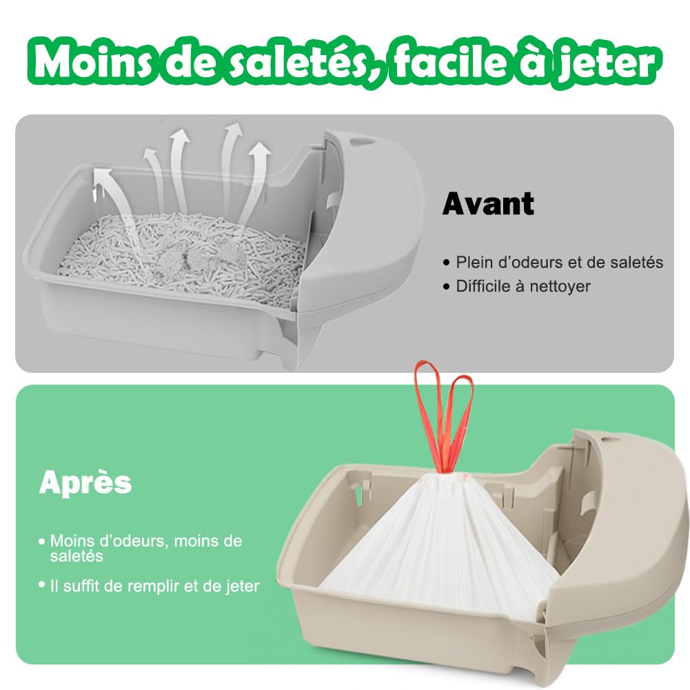 SZEE 120 Sacs pour Litière Chat Autonettoyants, Sacs Poubelles pour Litiere avec Cordons de Serrage, Housses pour Litière Compatible Litter Box 3/4, Résistants aux Griffes pour Chat, 61 x 36 cm