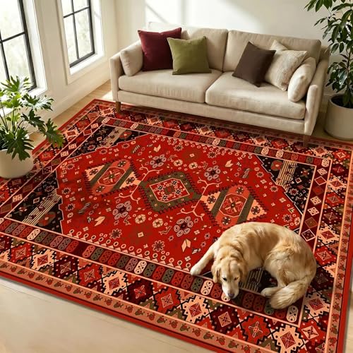 WUTONG Tapis de Salon 80x120 cm Rouge Lavable en Machine,Tapis de Couloir Oriental Antidérapant pour Descente de Lit et Bureau,Design Persan Classique Chic
